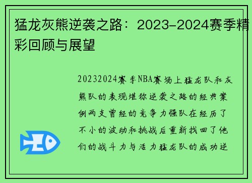 猛龙灰熊逆袭之路:2023-2024赛季精彩回顾与展望 猛龙灰熊逆袭之路:2023-2024赛季精彩回顾与展望